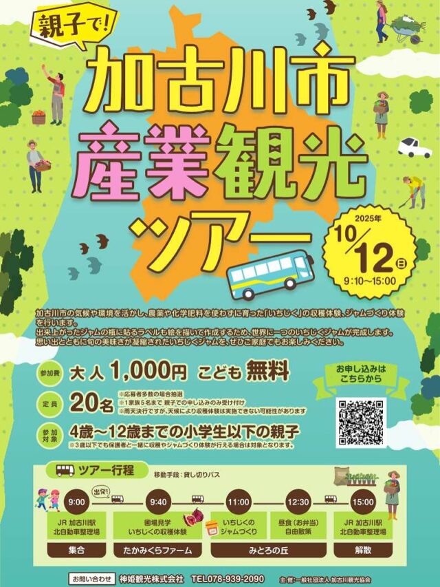 ＼ 2025加古川市産業観光ツアーの募集を行っています🚌 ／
魅力あふれる加古川市の産業を市内・市外問わず多くの方に知っていただくため、【加古川市産業観光ツアー】を開催します！！
 
加古川市の気候や環境を活かし、農薬や化学肥料を使わずに育てあげる、質にこだわった“食”を届ける【株式会社たかみくらファーム】のいちじくの圃場では、いちじくの収穫体験を行います🙌
 
加古川市の新たな観光地となっている【みとろの丘】では、収穫したいちじくからジャムづくりを行います🥄
出来上がったジャムの瓶に貼るラベルも絵を描いて作成するため、世界に一つのいちじくジャムが完成します✨
 
昼食は、たかみくらファーム監修【まこキッチン】の食材にこだわった「オーガニック弁当」、デザートは【みとろの丘】の「いちじくスムージー」をご用意しています🤤
 
ぜひ親子でご参加いただき、思い出ととともにおいしさがぎゅっと詰まったいちじくジャムをご家庭でもお楽しみください🤗
 
★ツアー内容　
【開催日時】2025年10月12日（日）９:10～15:00
【場　　所】株式会社たかみくらファームの圃場
　　　　　みとろの丘
（集合と解散場所は加古川駅北自動車整理場です）
【内　　容】　
①株式会社たかみくらファームのいちじくの圃場（圃場の見学、いちじくの収穫体験）
②みとろの丘（いちじくジャムづくり体験、昼食）
③みとろの丘（自由散策、デザートのいちじくスムージー）
【費　　用】　
大人1,000円、こども無料　※現地までの交通費は参加者負担となります。
【参加対象】　
４歳～12歳までの小学生以下の親子が対象となります。
※３歳以下でも保護者と一緒に収穫やジャムづくり体験ができる場合は対象となります。
【定　　員】　20名　※１家族５名まで
 
★申込について　
【申  込  先】神姫観光株式会社（神戸支店）
【申込方法】神姫観光株式会社の募集ページ及び電話にて申込
➤神姫観光株式会社　ツアー募集ページ
（https://www.shinki-tour.com/TourDetail.aspx?tc=SK20251012KK）
➤TEL：078-939-2090　（土日・祝を除く平日　10:00～17:00）
【申込期間】2025年10月２日（木）16:30まで
【主　　催】一般社団法人加古川観光協会
【お問い合わせ】神姫観光株式会社　078-939-2090
 
- - - - - - - - - ✂ - - - - - - - - -
 
加古川市のおでかけスポットは
@tabitabi_kakogawa
プロフィールのURLからチェック ✅
 
- - - - - - - - - ✂ - - - - - - - - -
 
#たびたび加古川 #産業観光ツアー #バスツアー
#収穫 #秋の味覚 #収穫体験 #いちじく
#加古川市 #加古川 #体験 #兵庫おでかけ
#kakogawa #kakogawacity #かこがわ