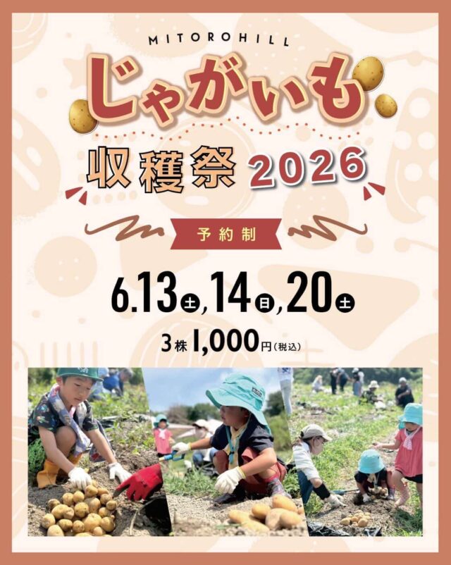 【じゃがいも収穫祭2026】募集スタート📣

今年もじゃがいも掘りを楽しみませんか？☀️

きたあかりという品種は、
ホクホクした食感と強い甘みが特徴です🥔✨

自分の手で収穫する体験も、この時期ならではです🧑🏻‍🌾

🥔じゃがいも収穫祭🥔

【開催日】計３回
　6月13日(土)、14日(日)、20日(土)

【時　間】３部制　約20分程度
　①10:00～　②10:30～　③11:00～

【料　金】
　３株 1,000円
　参加人数は何名さまでも大丈夫です！

【定　員】
　各回25組

【場　所】
　みとろの丘　
　兵庫県加古川市上荘町見土呂845-16
　🌱開始時間までに「じゃがいも畑」へお越しください。
　※駐車場からじゃがいも畑まで徒歩約10分

【持ち物】
　軍手、汚れても良い服装

※雨天中止
中止の場合は、みとろの丘公式Instagramにてご案内いたします。

✅お申込み
お申し込みは @mitorohill のInstagramハイライト、
またはGoogleフォーム（https://forms.gle/hiUAEjCWuXHQ3h3X7）より
お申込みください。

#じゃがいも掘り #みとろの丘 #畑 #収穫 #収穫体験
#加古川 #加古川観光 #観光 #おでかけ #kakogawa